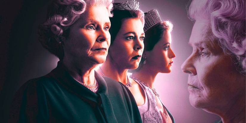 The Crown's three Queen Elizabeth actors, Imelda Staunton, Olivia Colman, and Claire Foy, stand shoulder-to-shoulder