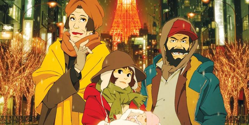 The poster of Tokyo Godfathers, in which Hana, Miyuki (holding Kiyoko), and Gin stand together and smile.