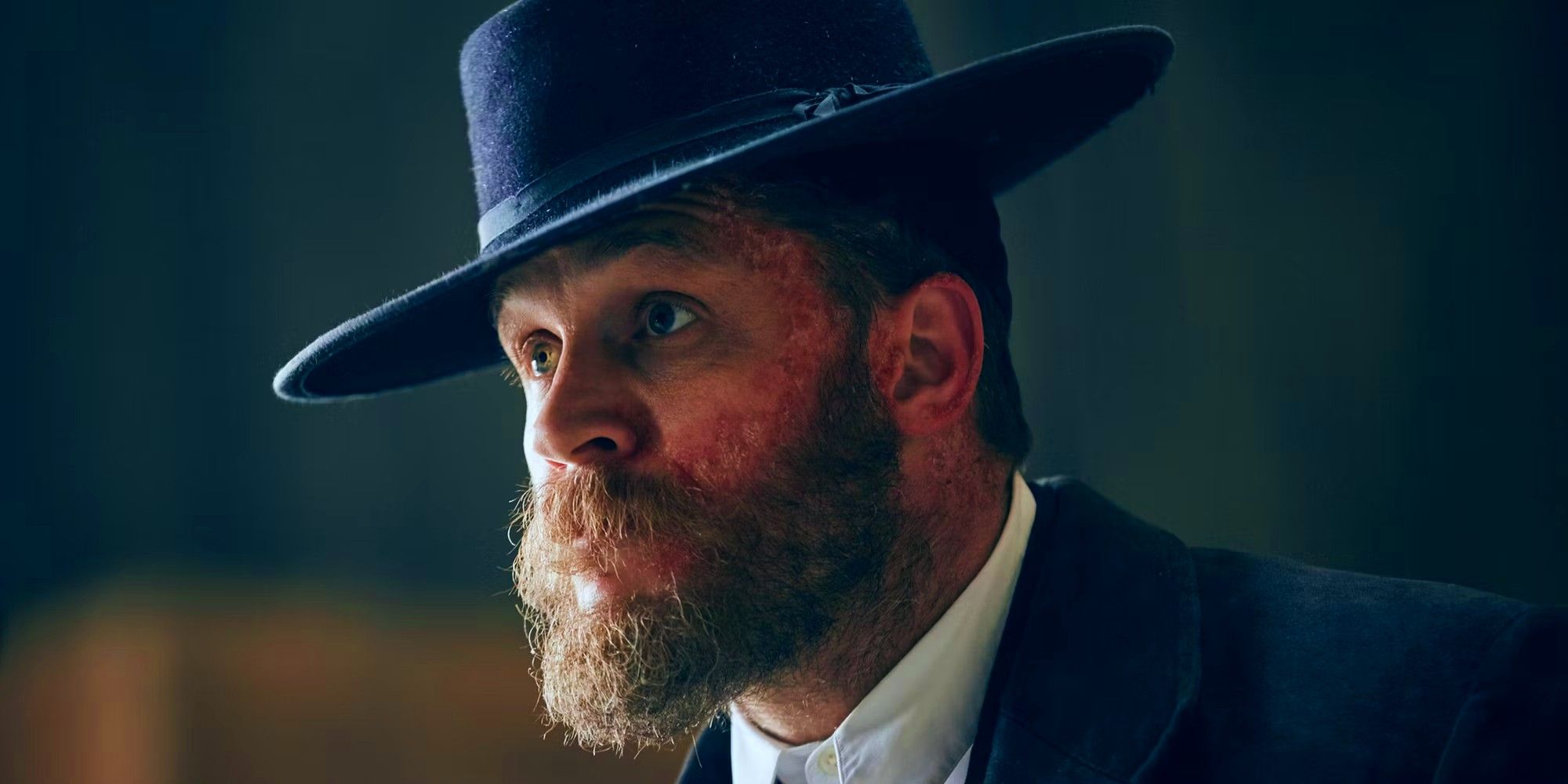 Tom Hardy as Alfie Solomons wearing a hat in Peaky Blinders