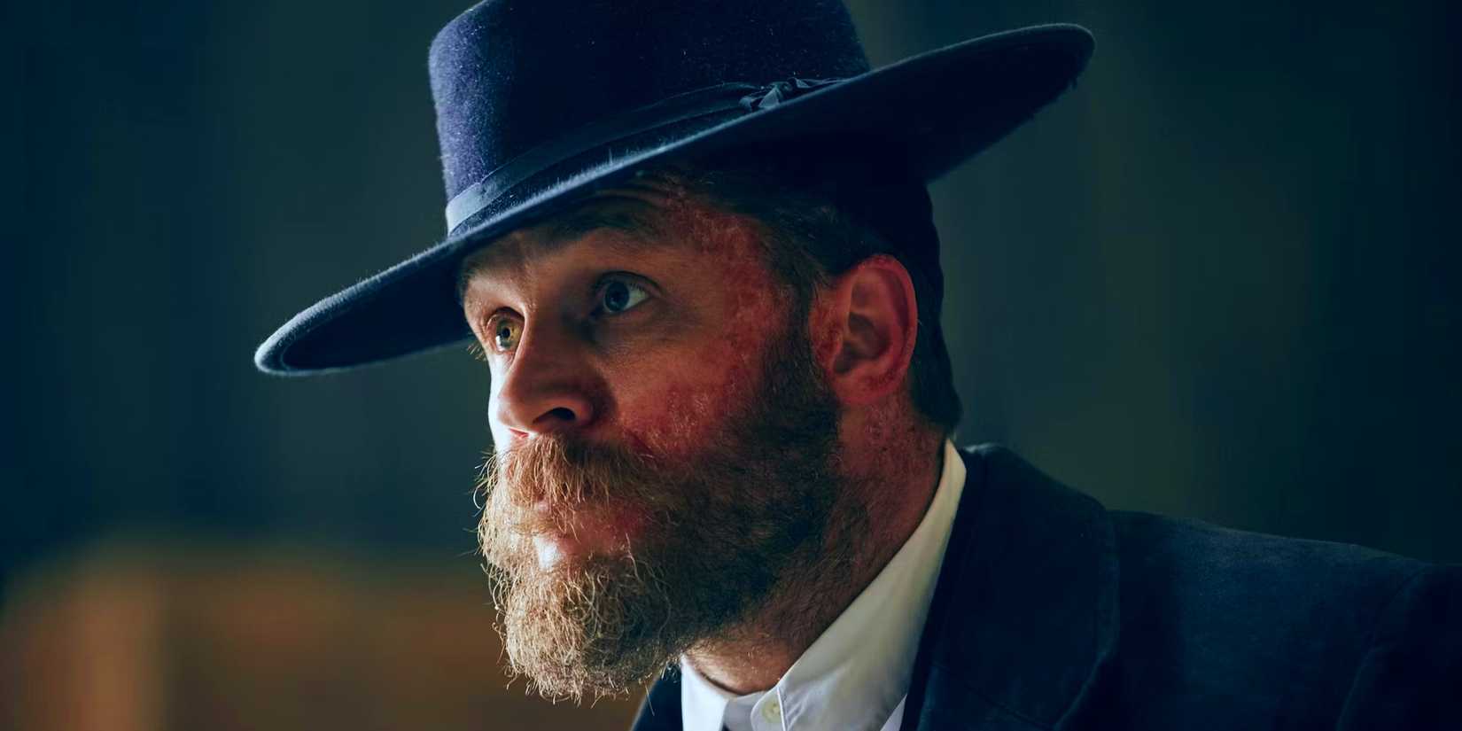 Tom Hardy as Alfie Solomons wearing a hat in Peaky Blinders