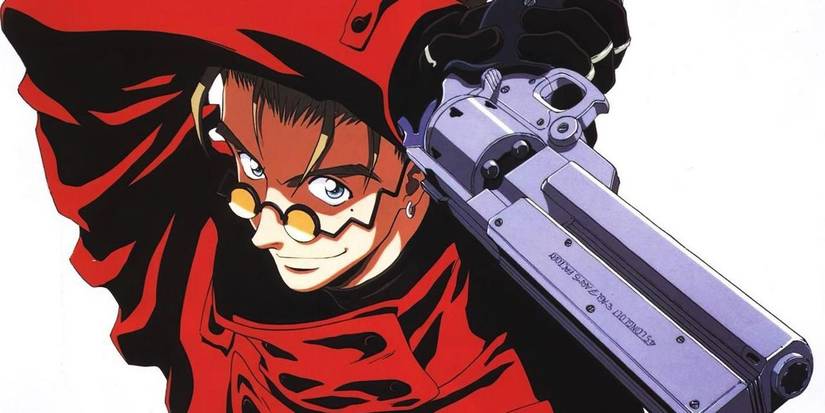 Vash the Stampede smirks as he holds his revolver over his head