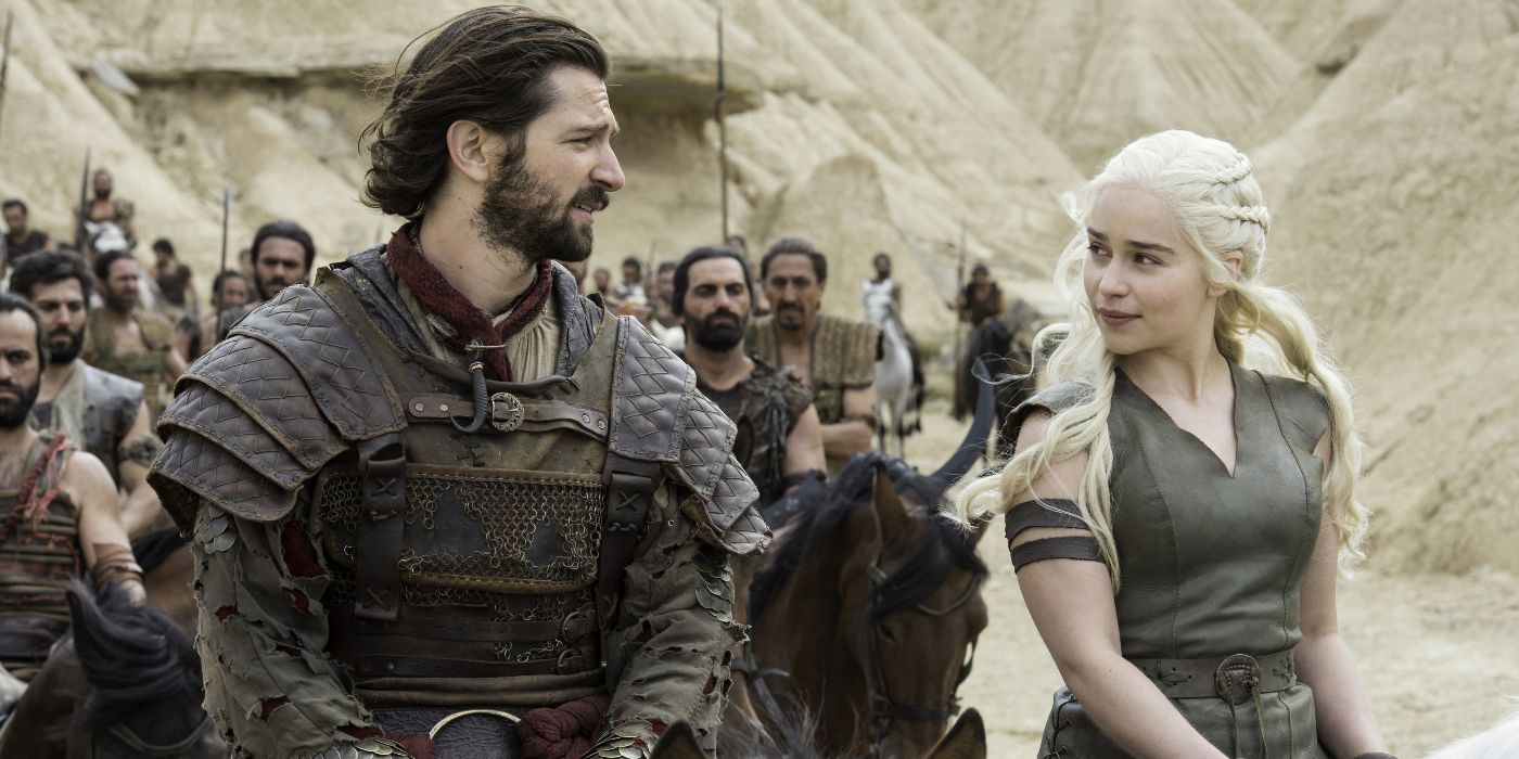 Emilia Clarke as Daenerys Targaryen and Michiel Huisman as Daario Naharis