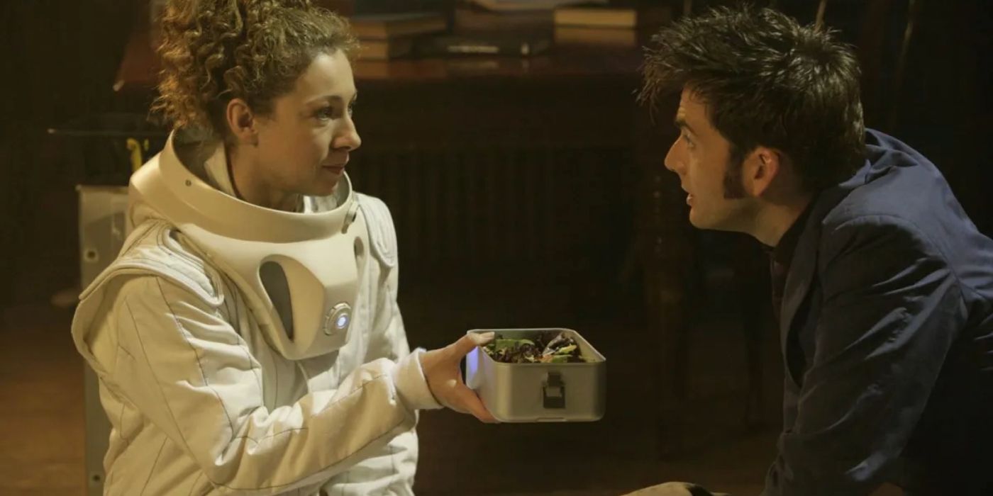 River Song offering the Tenth Doctor her lunchbox in the episode Silence in the Library