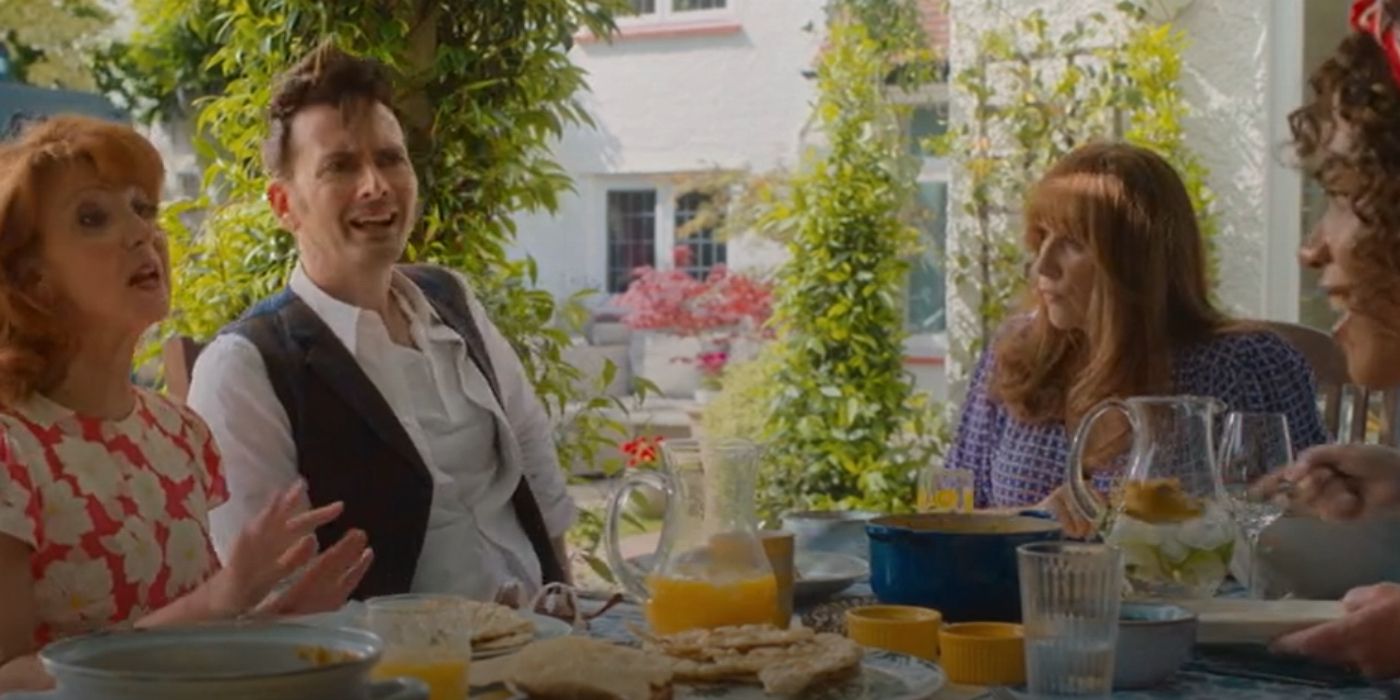 The Doctor has lunch with Mel, Donna, and her family in The Giggle