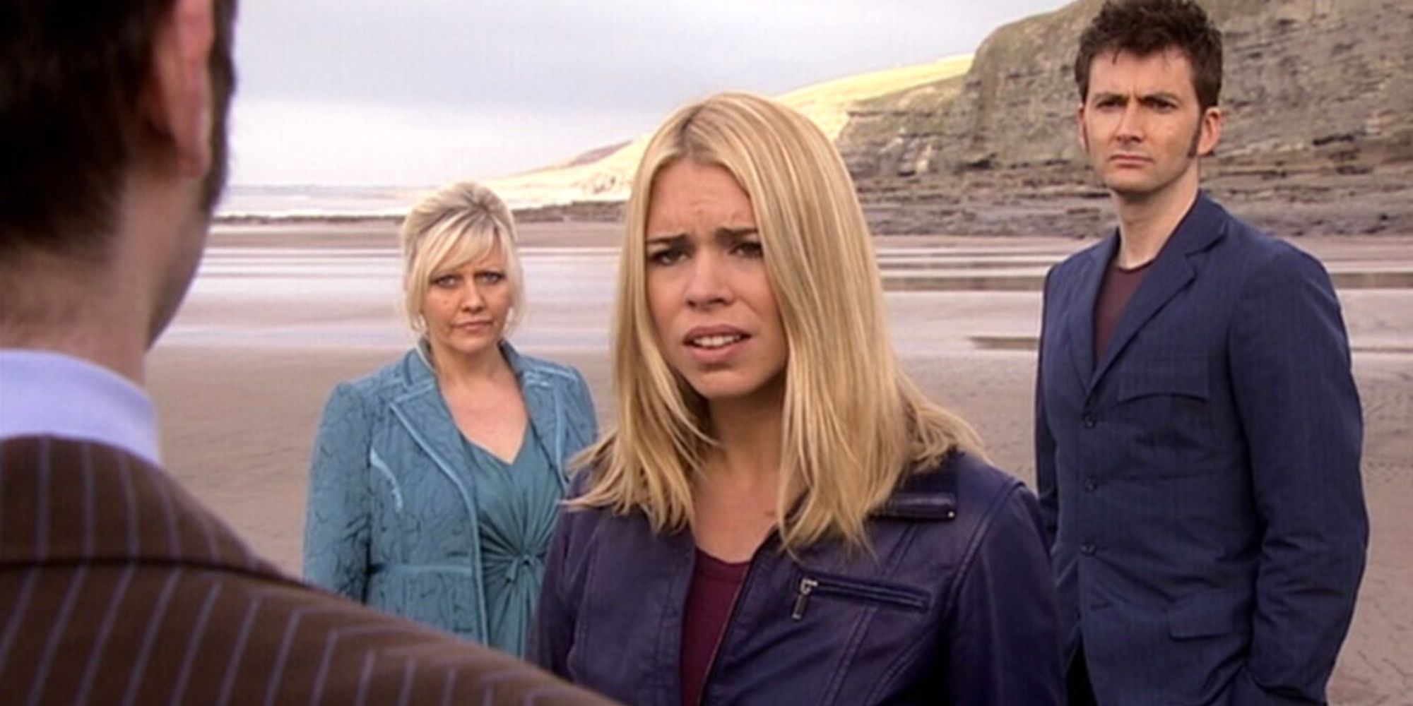 The Tenth Doctor and the Meta-Crisis Doctor on Bad Wolf Bay with Rose and Jackie Tyler in Doctor Who
