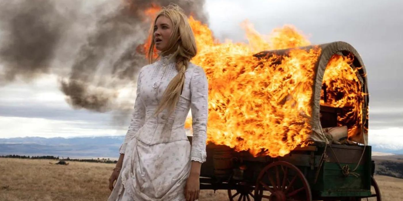 Elsa Dutton stands next to a burning wagon in 1883's premiere
