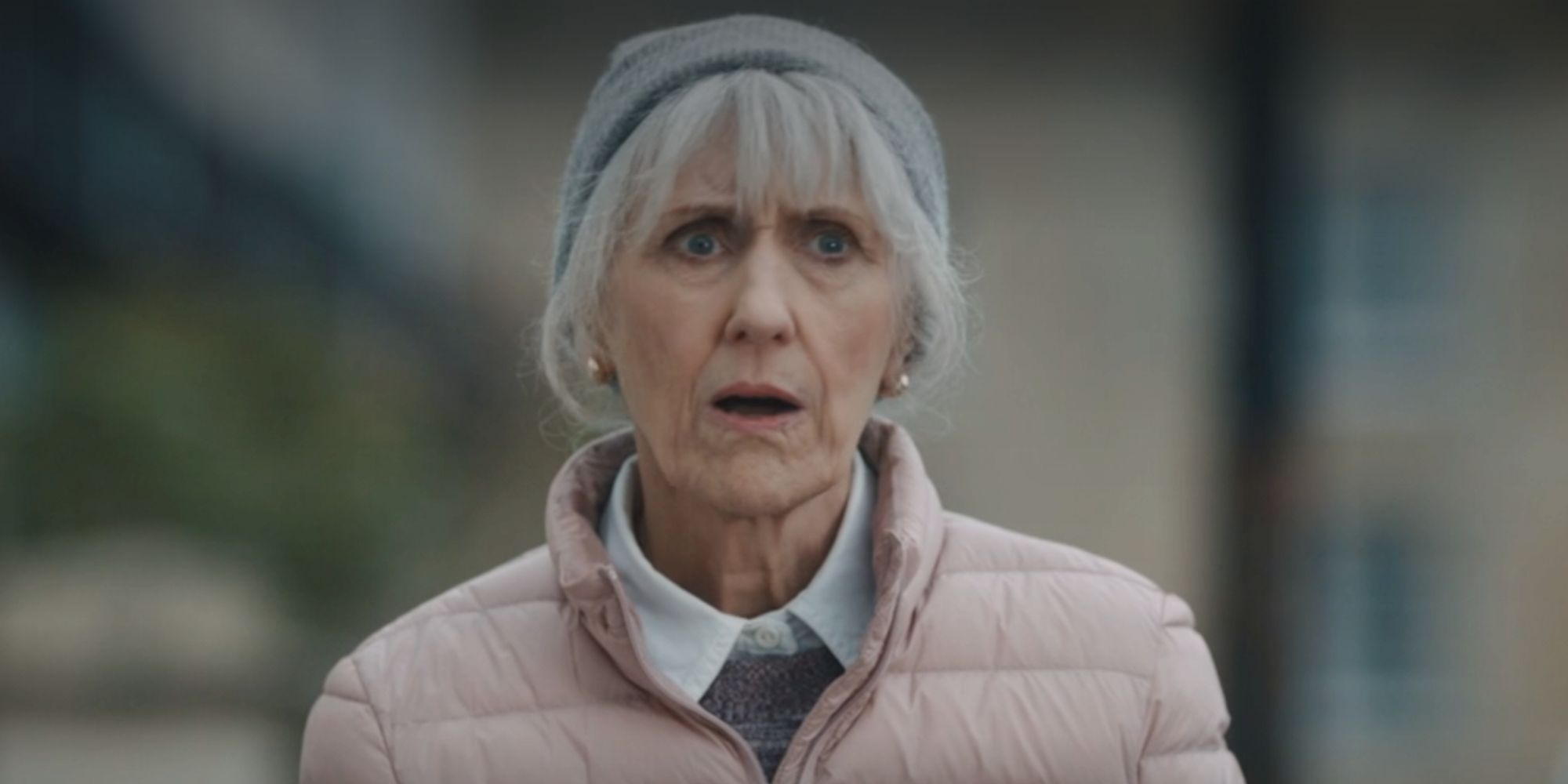 Anita Dobson looking shocked as Mrs. Flood in the 2023 Doctor Who Christmas Special