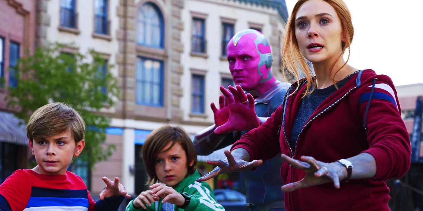 Wanda Maximoff, Vision, and Billy and Tommy Maximoff in WandaVision's series finale