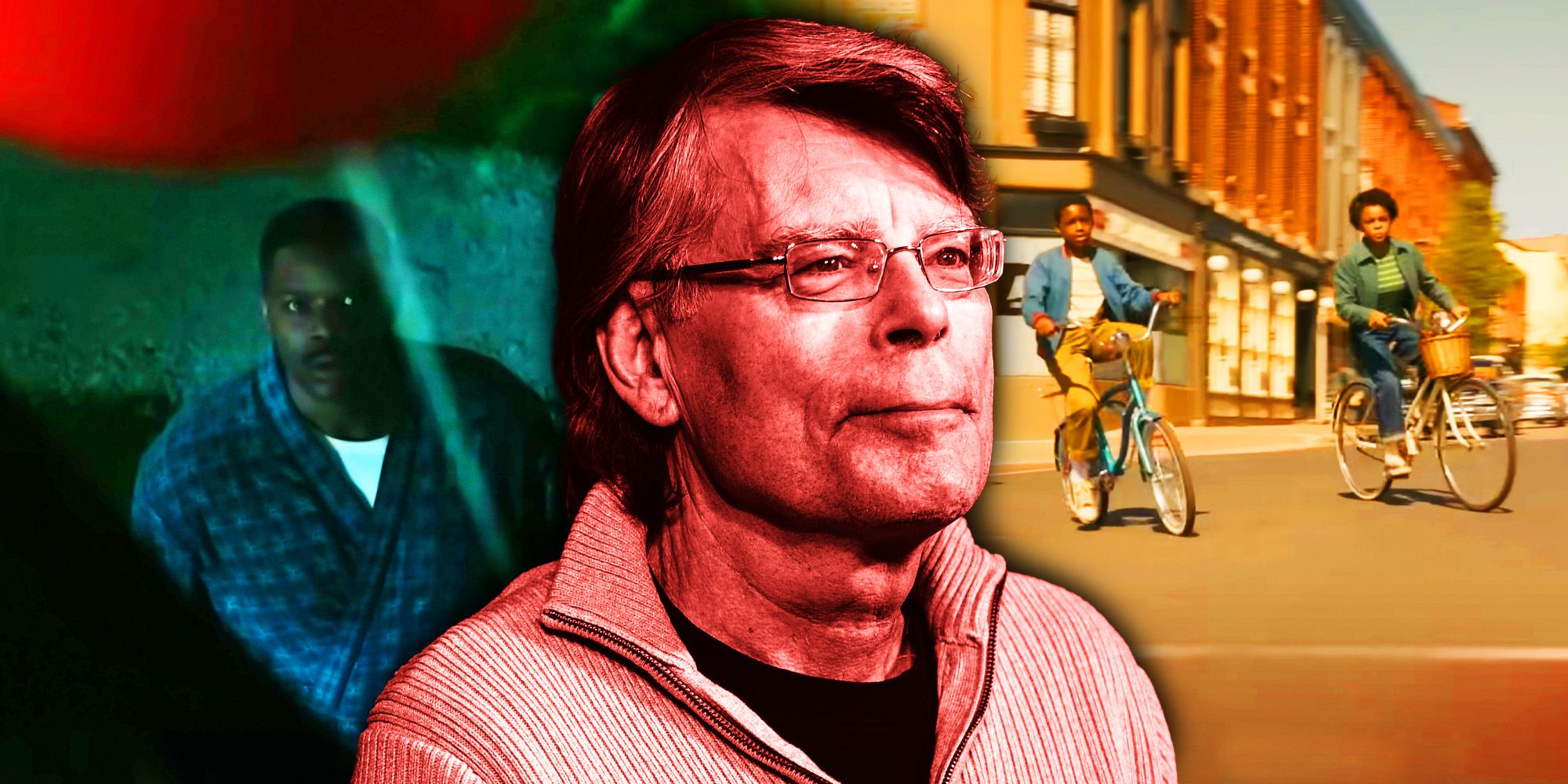 A composite image of Stephen King looking on with a shot of a man seeing a red balloon in a tree and kids riding their bikes through town in Welcome to Derry