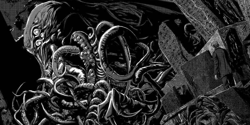 Gou Tanabe's Cthulu manga adaptation full manga spread featuring art of the otherworldly Cthulu towering over ruins.