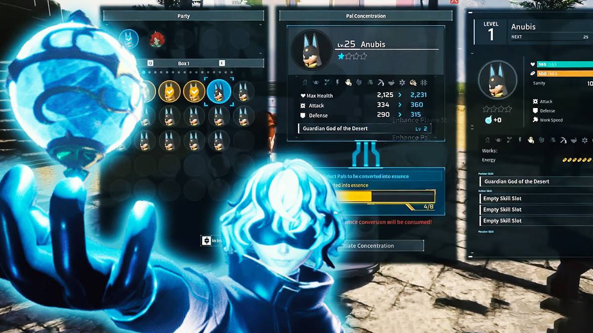 A player with the fusion breeding menu in the background from Palworld