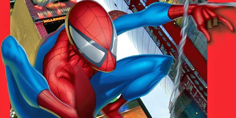 Comic book art: Ultimate Spider-Man swinging through New York City.