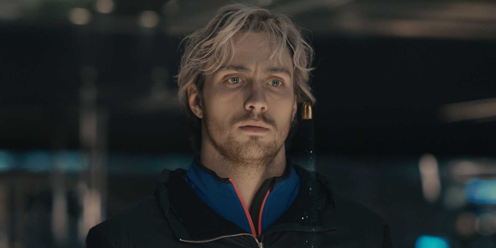 Aaron Taylor-Johnson looking serious as Pietro Maximoff