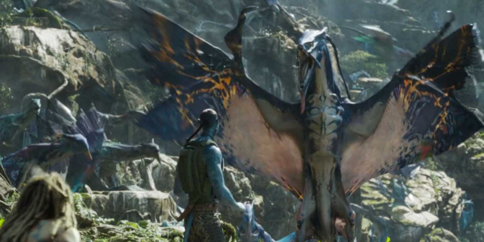 Recombinant Quaritch approaching an angry Ikran in Avatar: The Way of Water