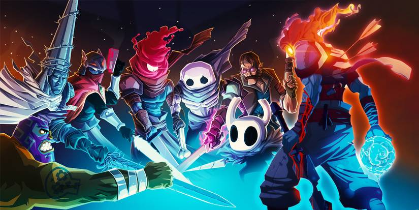 Dead Cells Main Character with Artwork of Nearly Every Collaboration with Other Games like Blasphemous, Hollow Knight, Etc.