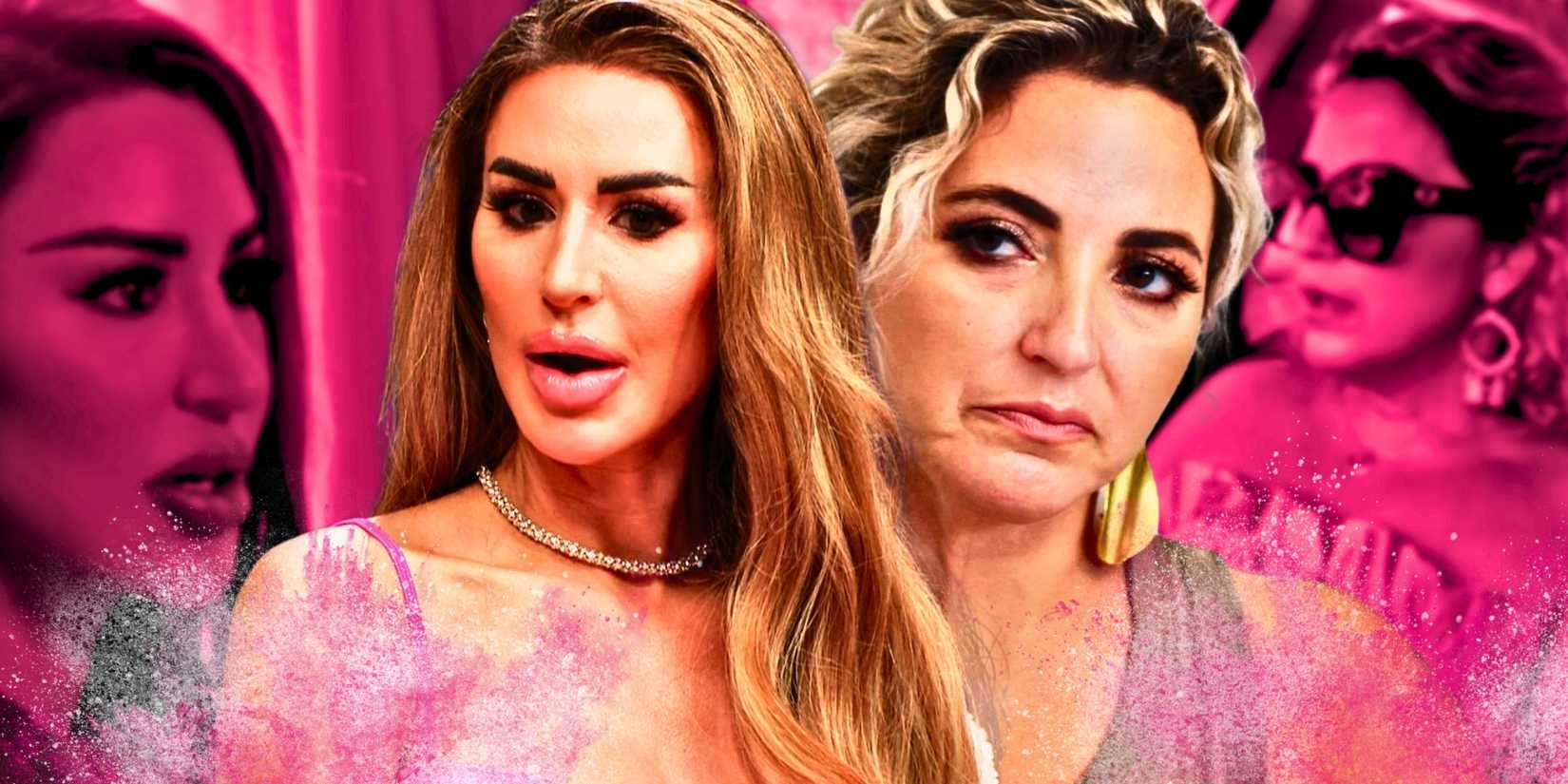 90 Day Fiancé's Daniele Gates looking angrily at Shekinah Garner during Tell All confrontation with pink background