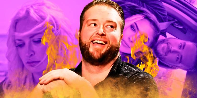 90 Day Fiance's Mike Youngquist smiling, and a picture of him with new girlfriend Sara with Natalie behind him, surrounded by fire