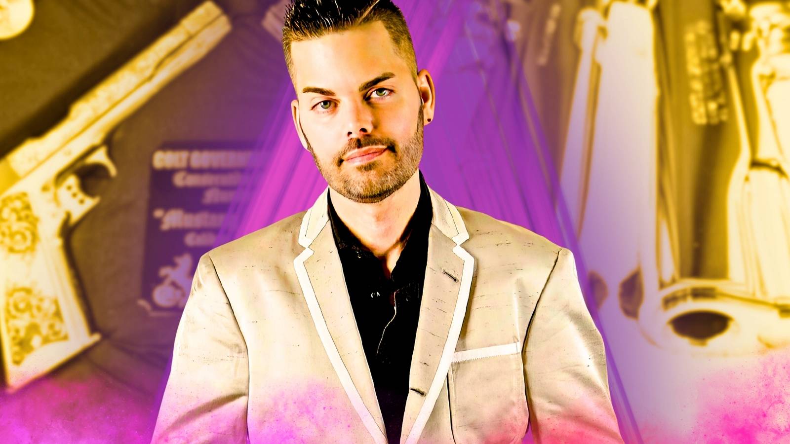 90 Day Fiancé Tim Malcolm posing in golden suit with guns in background