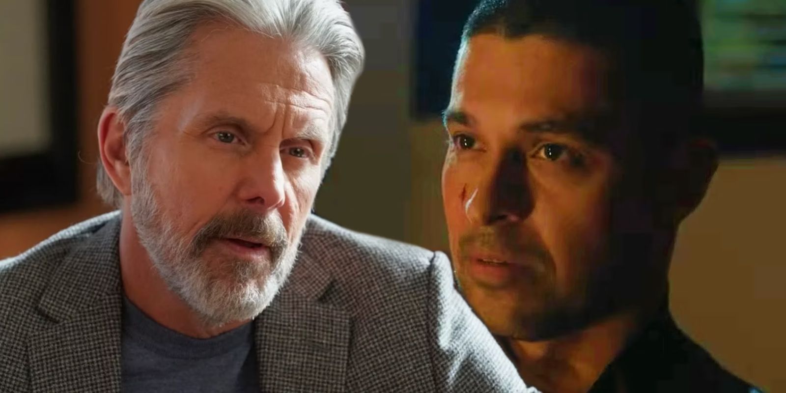 Gary Cole as Alden Parker looking worried and Wilmer Valderrama as Nick Torres looking intense in NCIS.