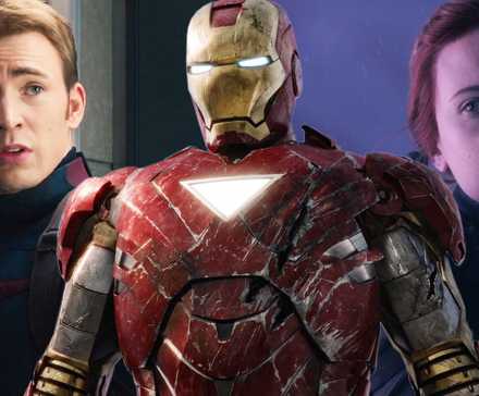 Разделенное изображение, на котором Железный человек стоит рядом с Капитаном Америкой и Черной Вдовой в различных фильмах о Стражах Галактики