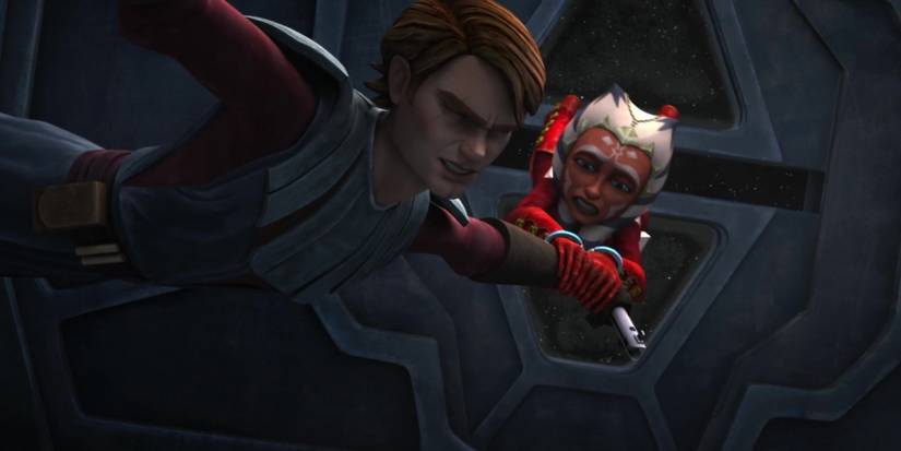 Anakin Skywalker and Ahsoka Tano being sucked out of an airlock in Star Wars: The Clone Wars season 2 episode 2