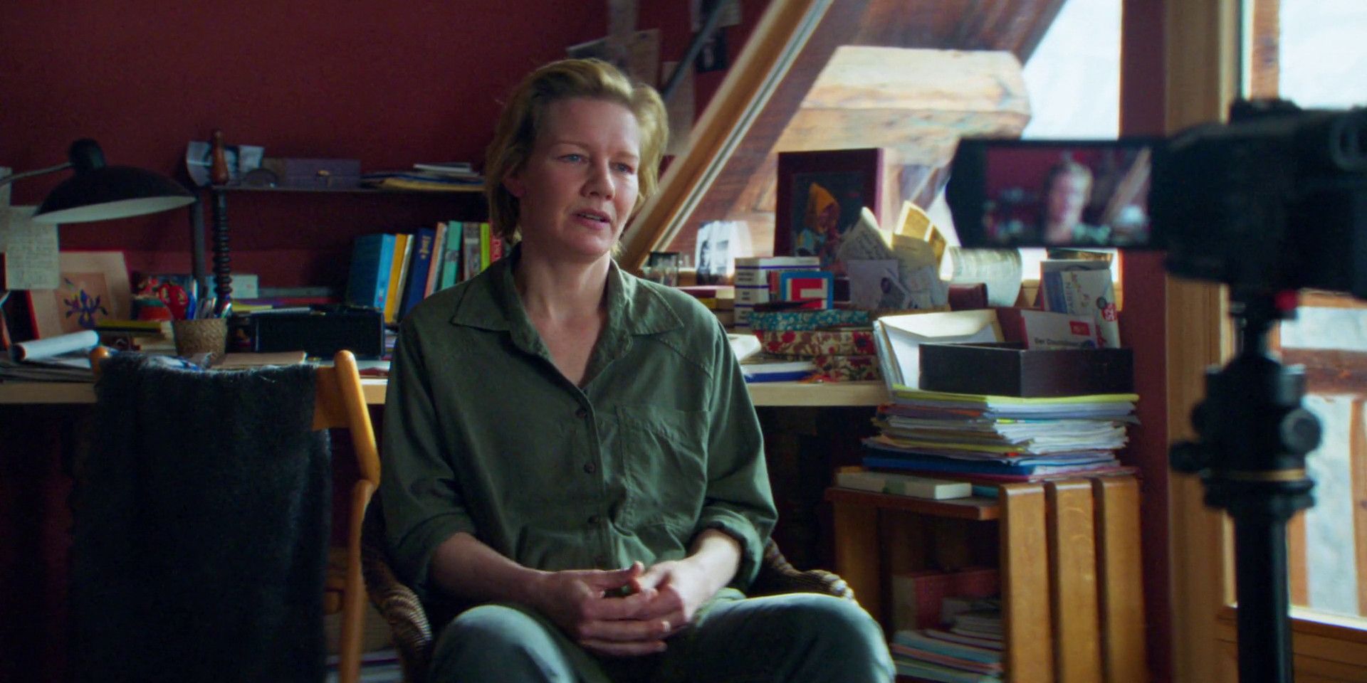 Sandra Huller being interviewed in her home in Anatomy of a Fall.