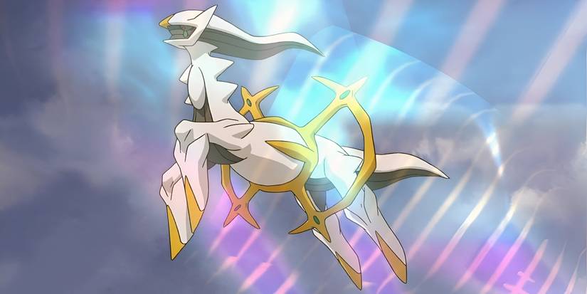 Arceus, A white and gold pokemon flies on its four legs as a light glows around it.