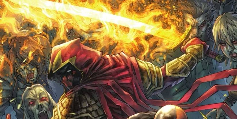 Comic book art: Azrael fighting vampires with a flaming sword.