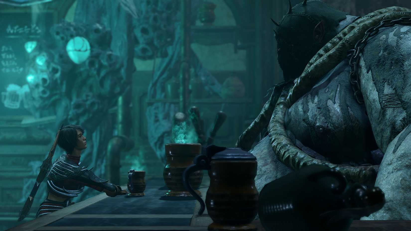 Baldur's Gate 3 Female Half-Elf Rogue Drinking With Thisobald Thorm Across Bar Counter In Reithwin