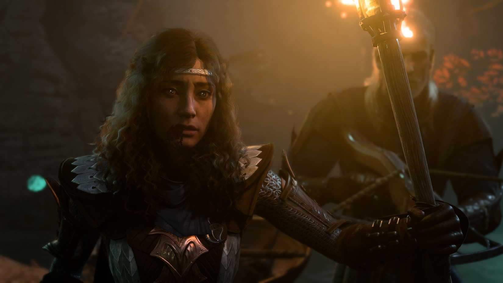 Baldur's Gate 3 Female Harper With Curly Hair Holding Lit Torch In Shadow-Cursed Lands