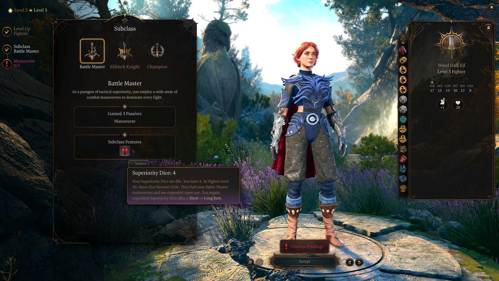Baldur's Gate 3 Player Inspecting Fighter Battle Master Subclass