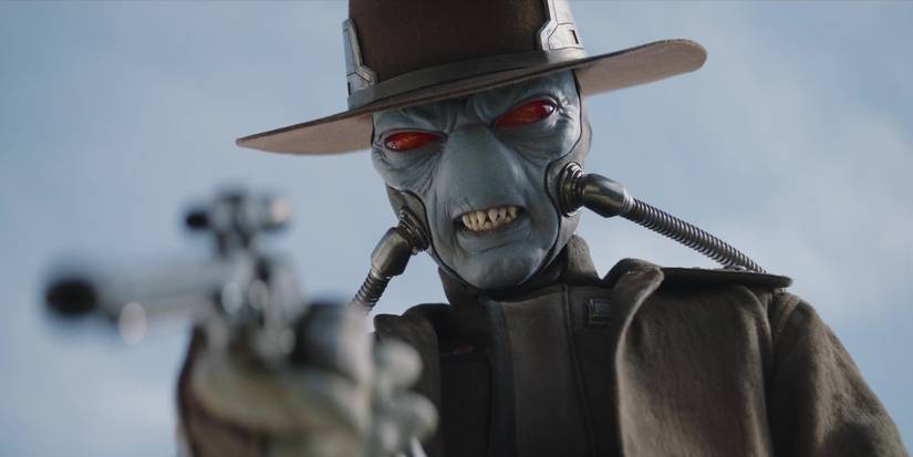 Cad Bane snarls at Boba Fett while pointing a blaster in The Book of Boba Fett episode 7