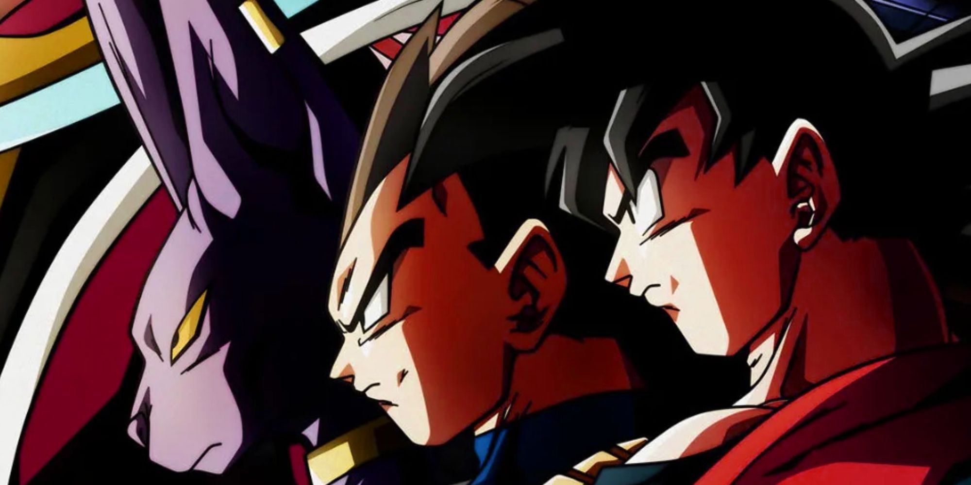 Image from Dragon Ball Super promo for Tournment of Power shows Beerus's head standing next to Vegeta and Goku's, all looking determined towards the left.