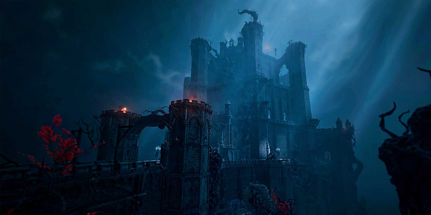 Act 2 Checklist (Everything You Don’t Want To Miss) 2 The parapets of Moonrise Towers loom against a foggy sky in a screenshot from Baldur's Gate 3.