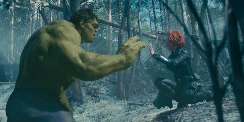 Black Widow (Scarlet Johansson) calms down Hulk (Mark Ruffalo) in Avengers Age of Ultron
