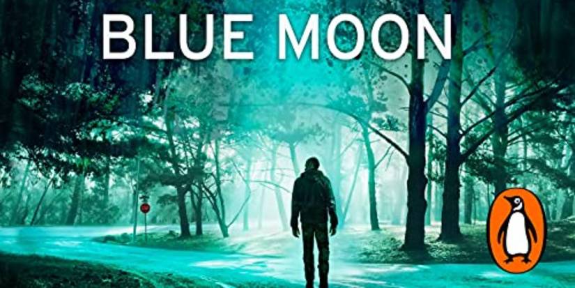 Book cover of Blue Moon shows a man walking into a forest  by Lee Child