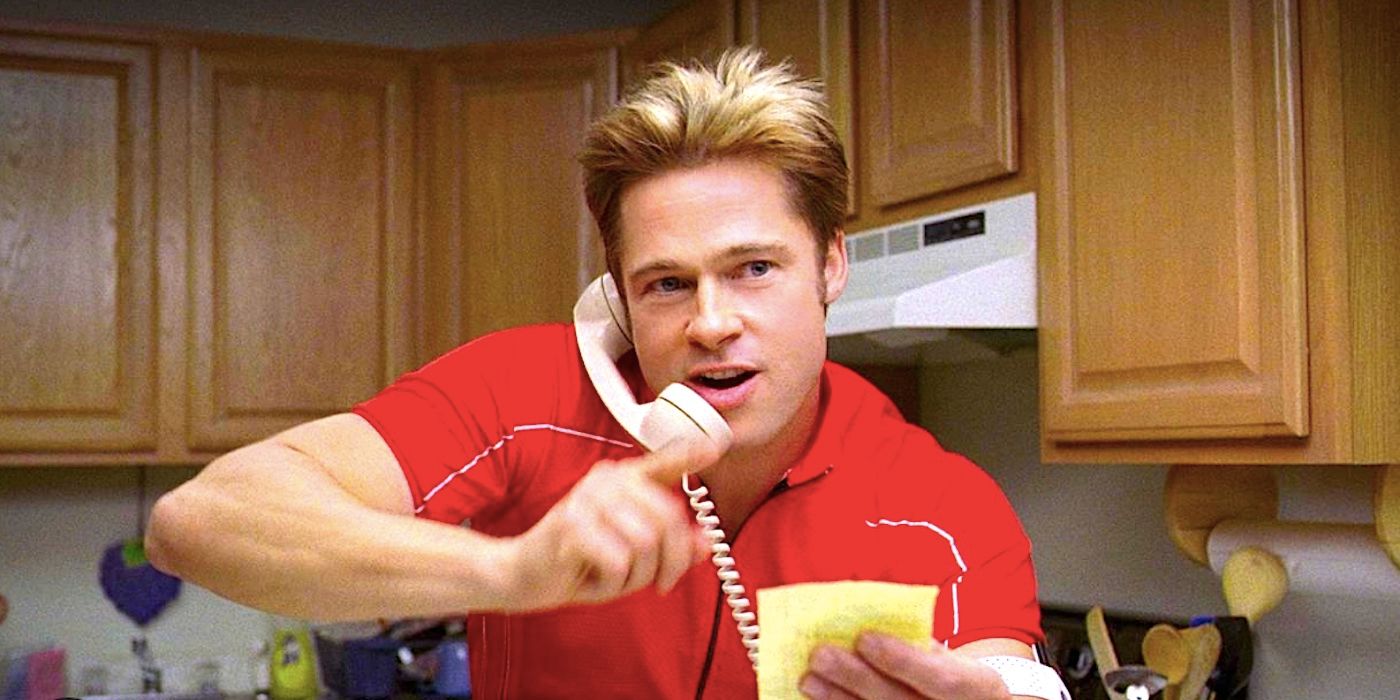Brad Pitt's Chad reads from a post it while on the phone in Burn After Reading