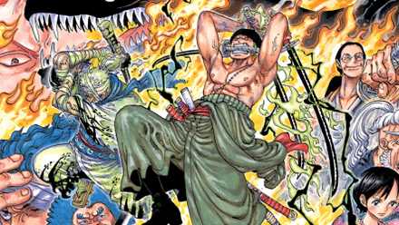 Screenshot from One Piece manga chapter 1094 shows a double colored spread of Zoro and zombie Ryuma attacking with flames and images of their family members behind them.