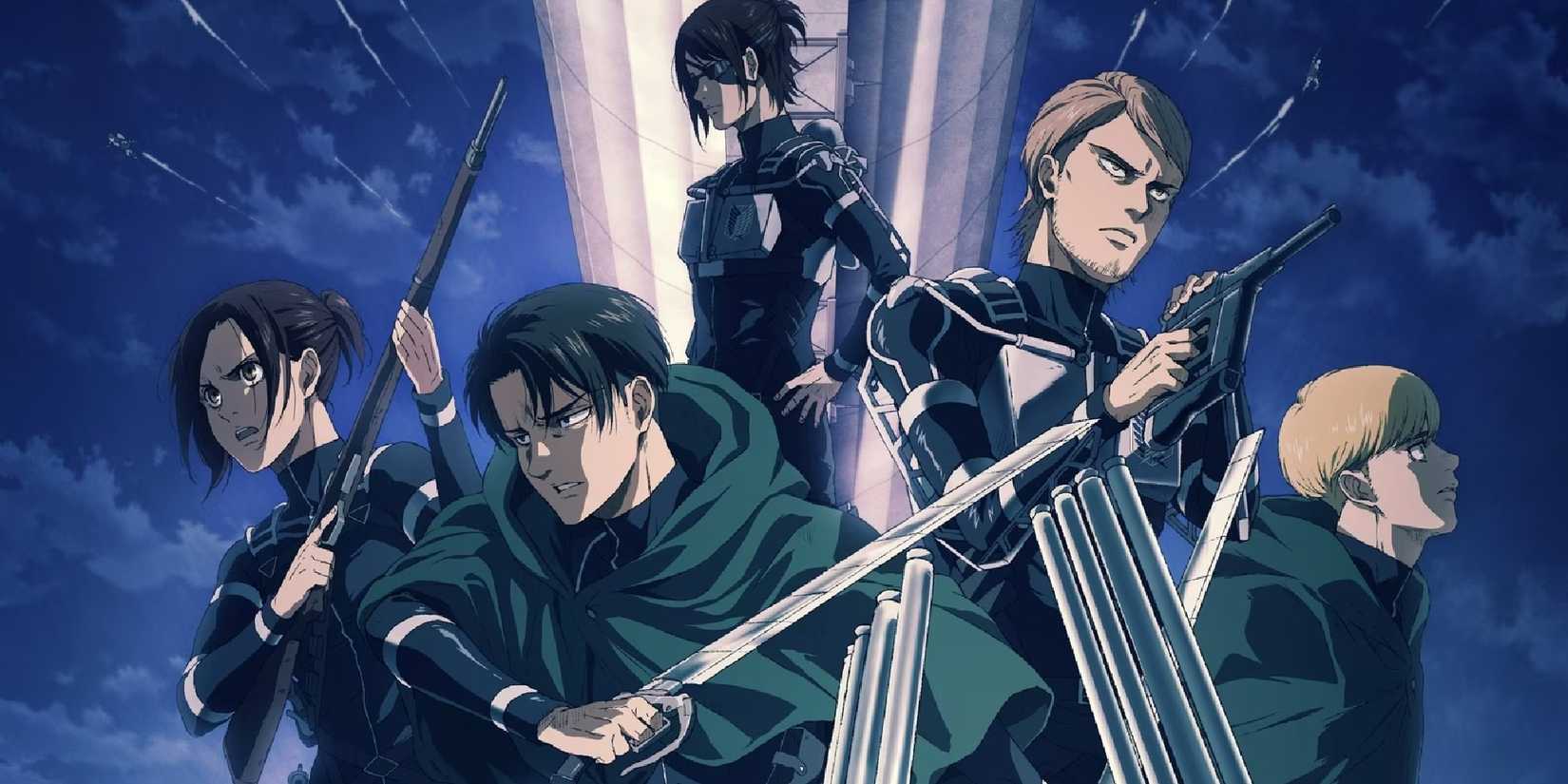Characters of Attack On Titan season 4 featuring Levi, Armin, Jean, Sasha and Hange.