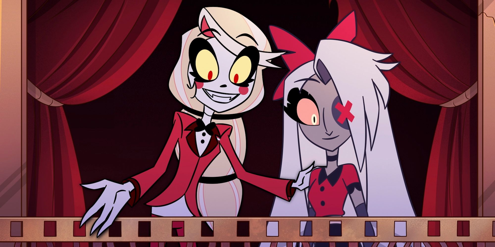 charlie morningstar and vaggie stand together inside the hazbin hotel