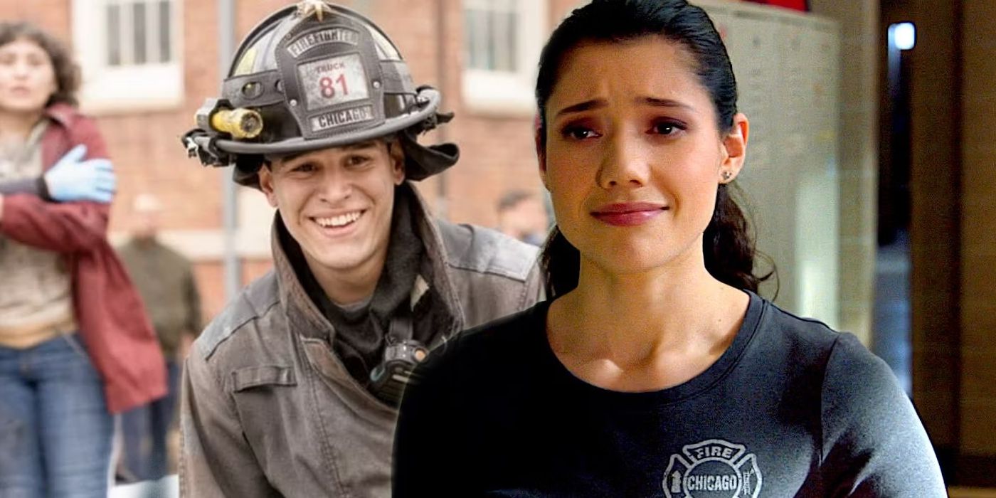 Alberto Rosende as Blake Gallo smiling next to Hanako Greensmith as Violet Mikami crying in Chicago Fire.