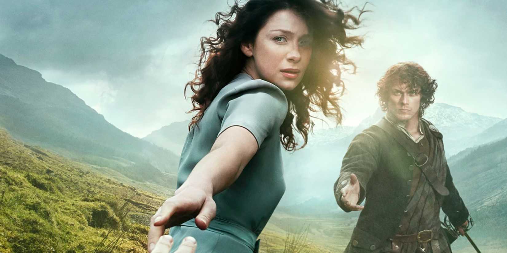 Claire reaching back for Frank while Jamie reaches for her in the Outlander season 1 cropped promotional poster