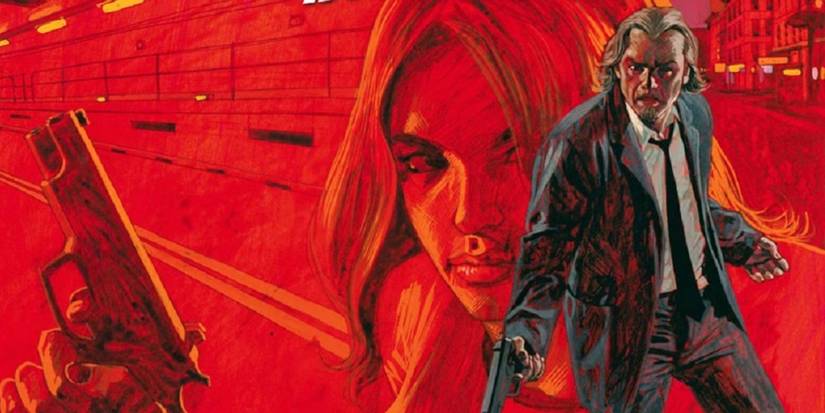 A man covered in blood holding a pistol against a backdrop of a woman holding a gun from the Criminal comics by Ed Brubaker