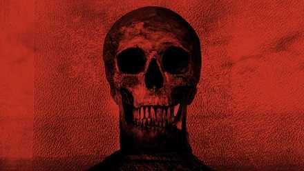 Imagen recortada de una de las muchas obras de arte de portada de Blood Meridian de Cormac McCarthy, que presenta una calavera imponente en medio de un fondo rojo brillante.