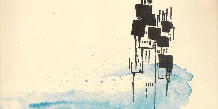 Cropped image of one of the many cover art pieces for the Ursula K. Le Guin book, The Left Hand of Darkness, showing the faint outline of homely structures above the water.