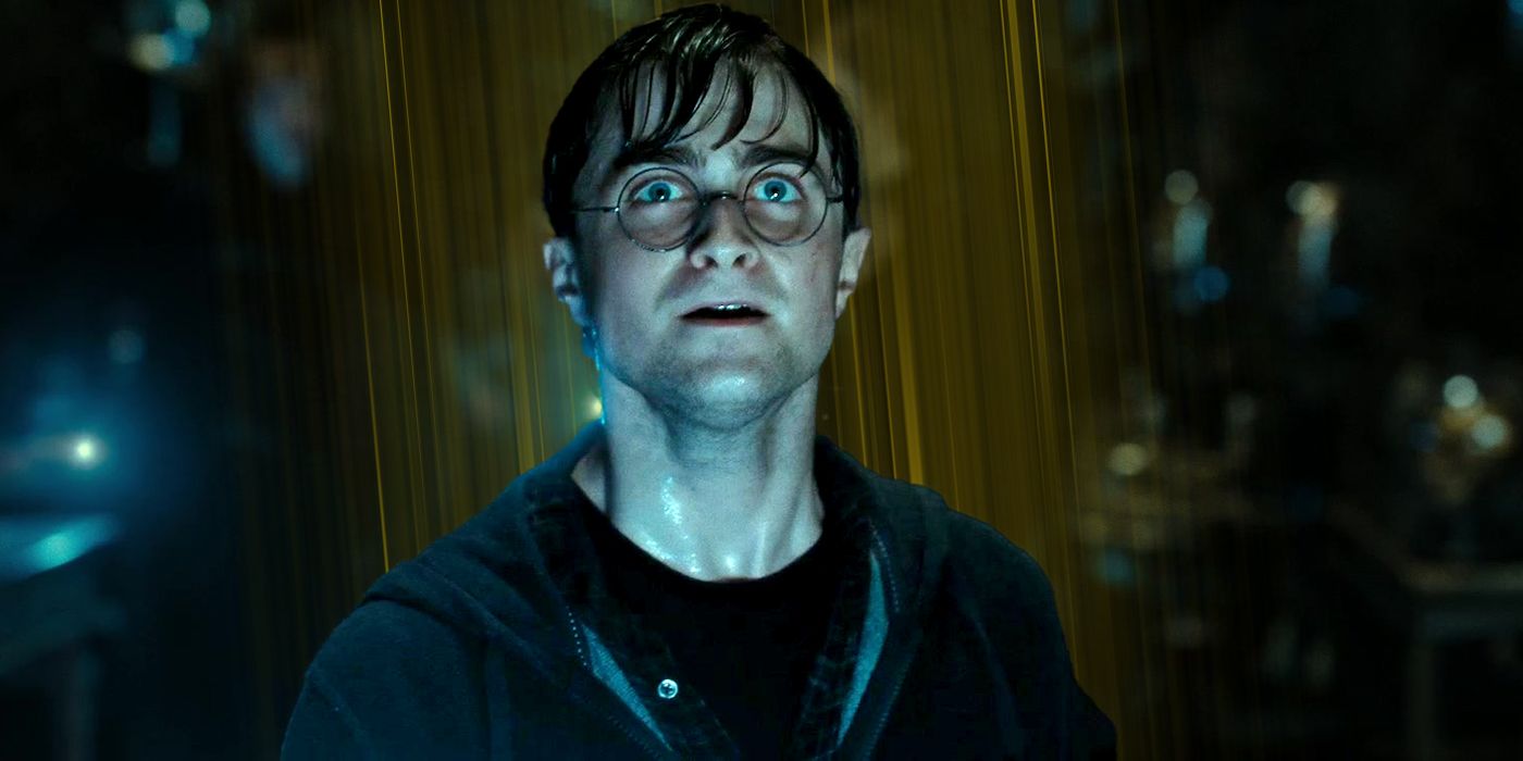 Daniel Radcliffe como Harry Potter parece preocupado em Harry Potter e as Relíquias da Morte Parte 2
