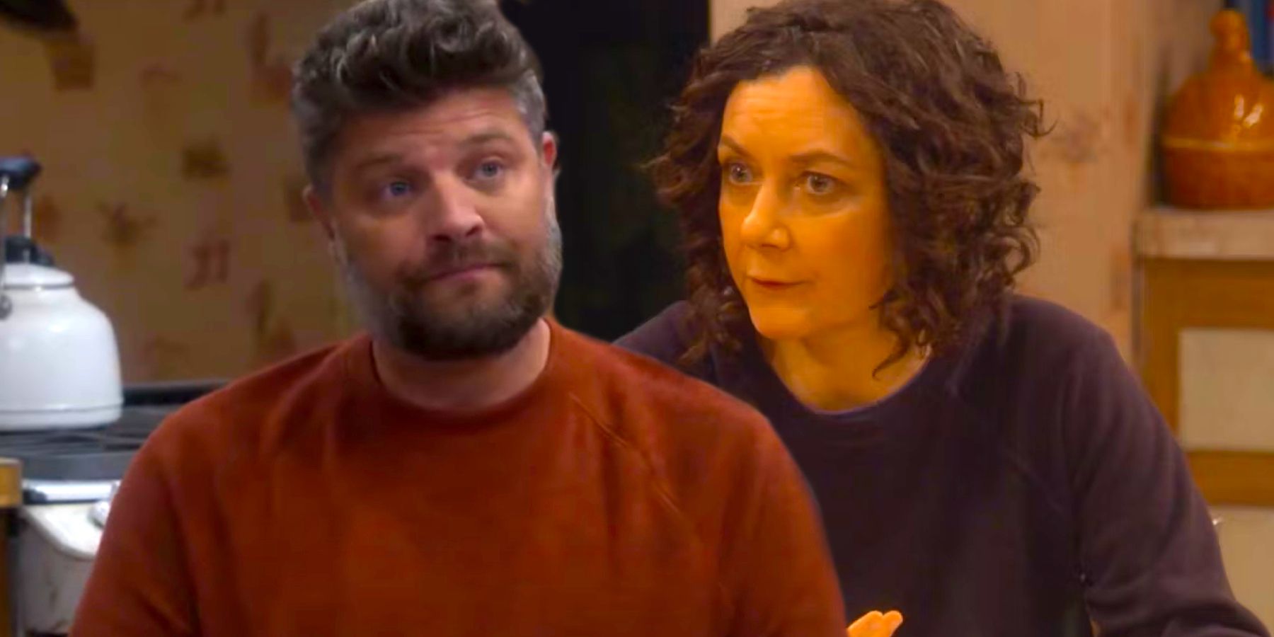 Jay R Ferguson as Ben looking up and Sara Gilbert as Darlene looking stressed in The Conners Season 5.
