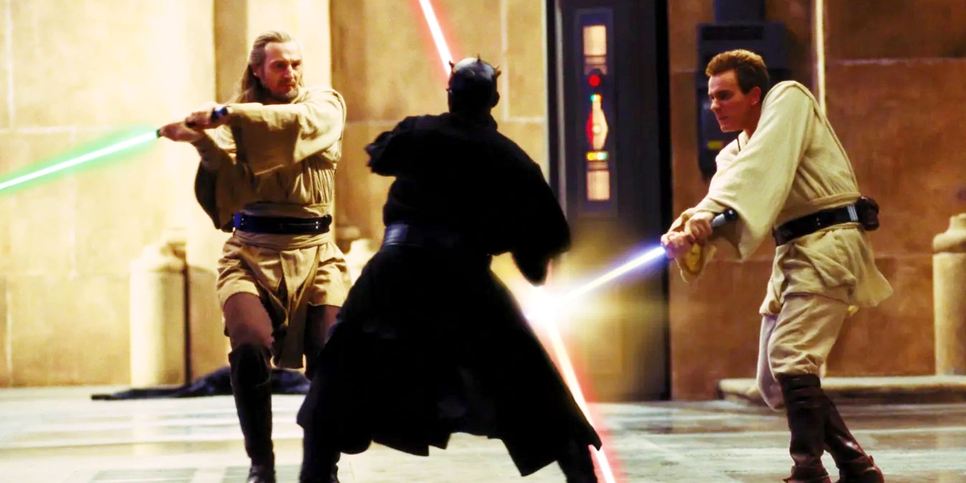 Darth Maul, Obi-Wan Kenobi, and Qui-Gon Jinn duel with their lightsabers in The Phantom Menace.