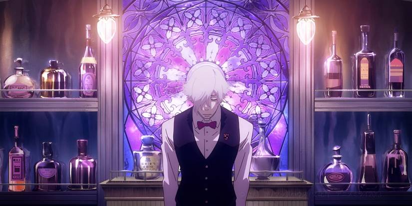 Decim stands behind the bar at Quindecim from Death Parade.