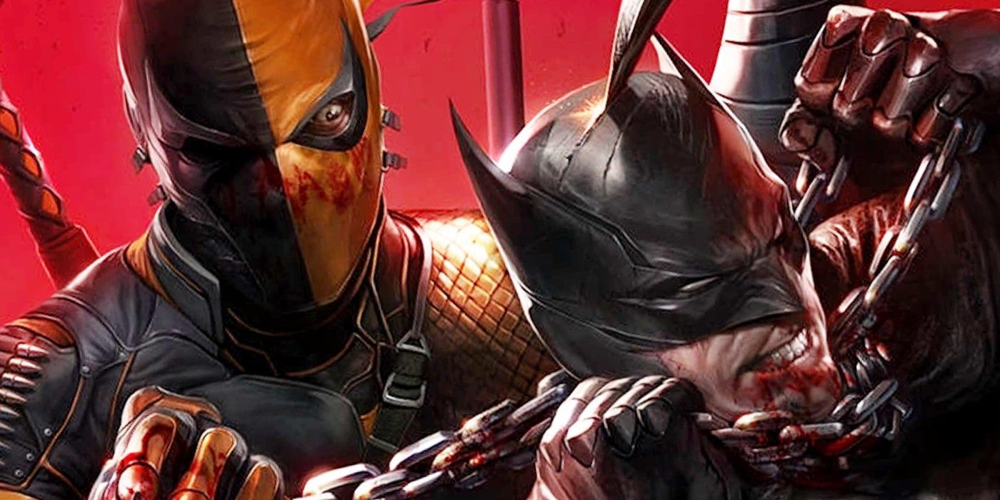 Deathstroke strangling Batman with a chain